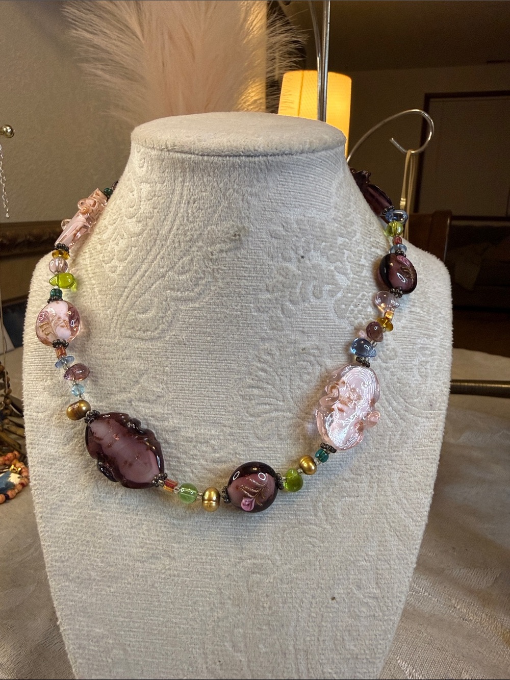 Multicolor Glass Bead Statement Necklace - Pink, Purple & Green